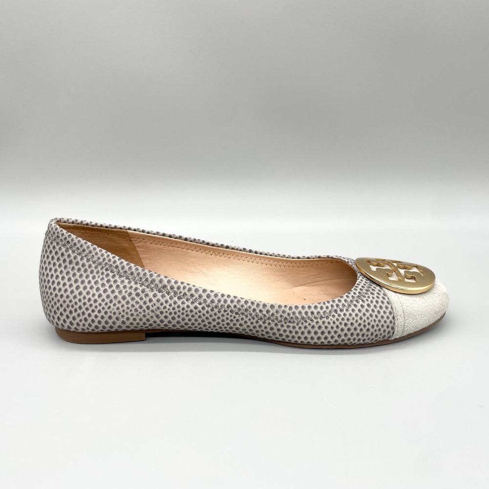 Tory Burch Serena Womens 7M Grey Snake Print Leather Ballet Flats Logo Preppy - Picture 2 of 12